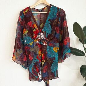 Zero Zero Y2K Sheer Babydoll Kimono Top Large Floral Whimsygoth Fairy Grunge